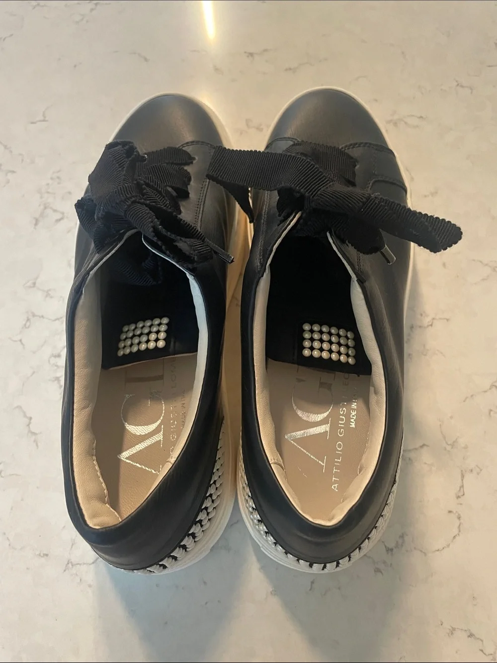 AGL Black Leather Low-Top Sneakers with Pearl Tongue Detail